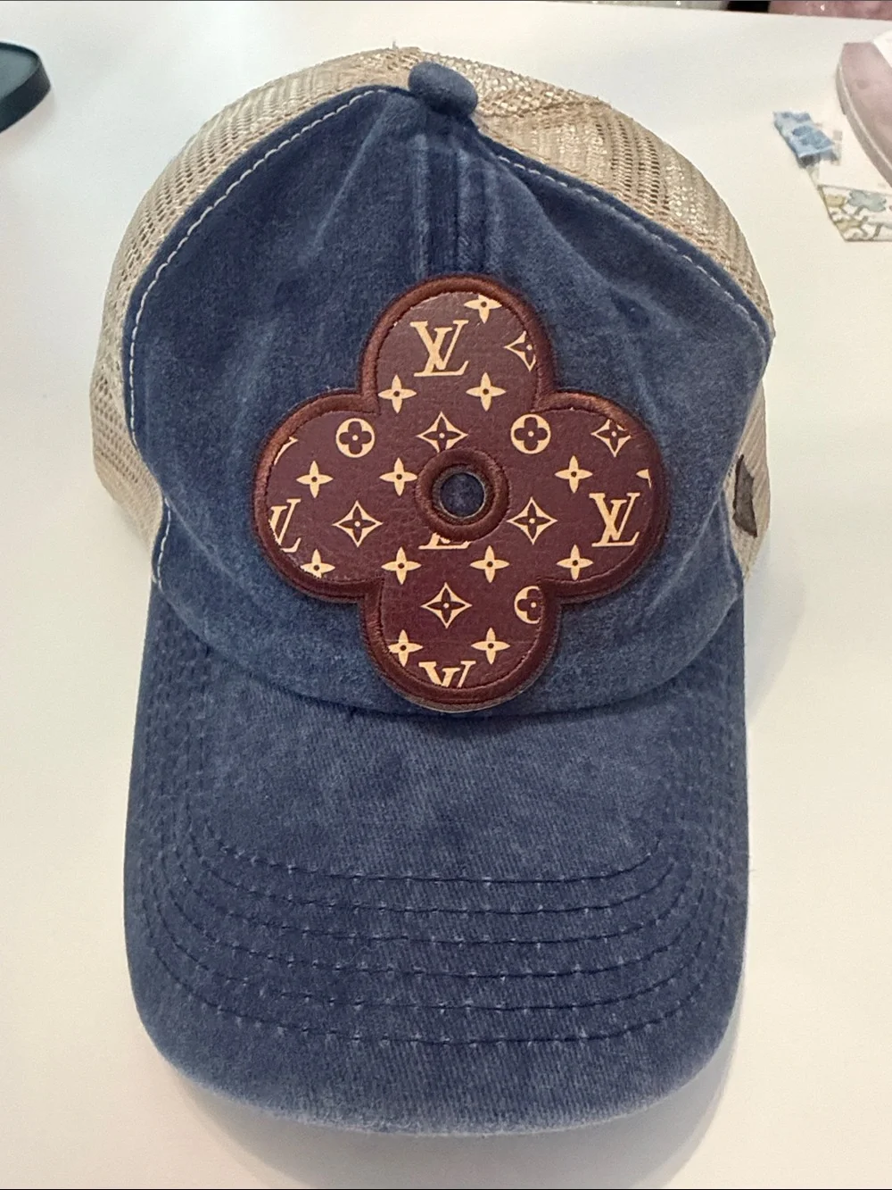 Louis Vuitton Upcycled Blue Denim Trucker Cap with Brown Monogram Patch